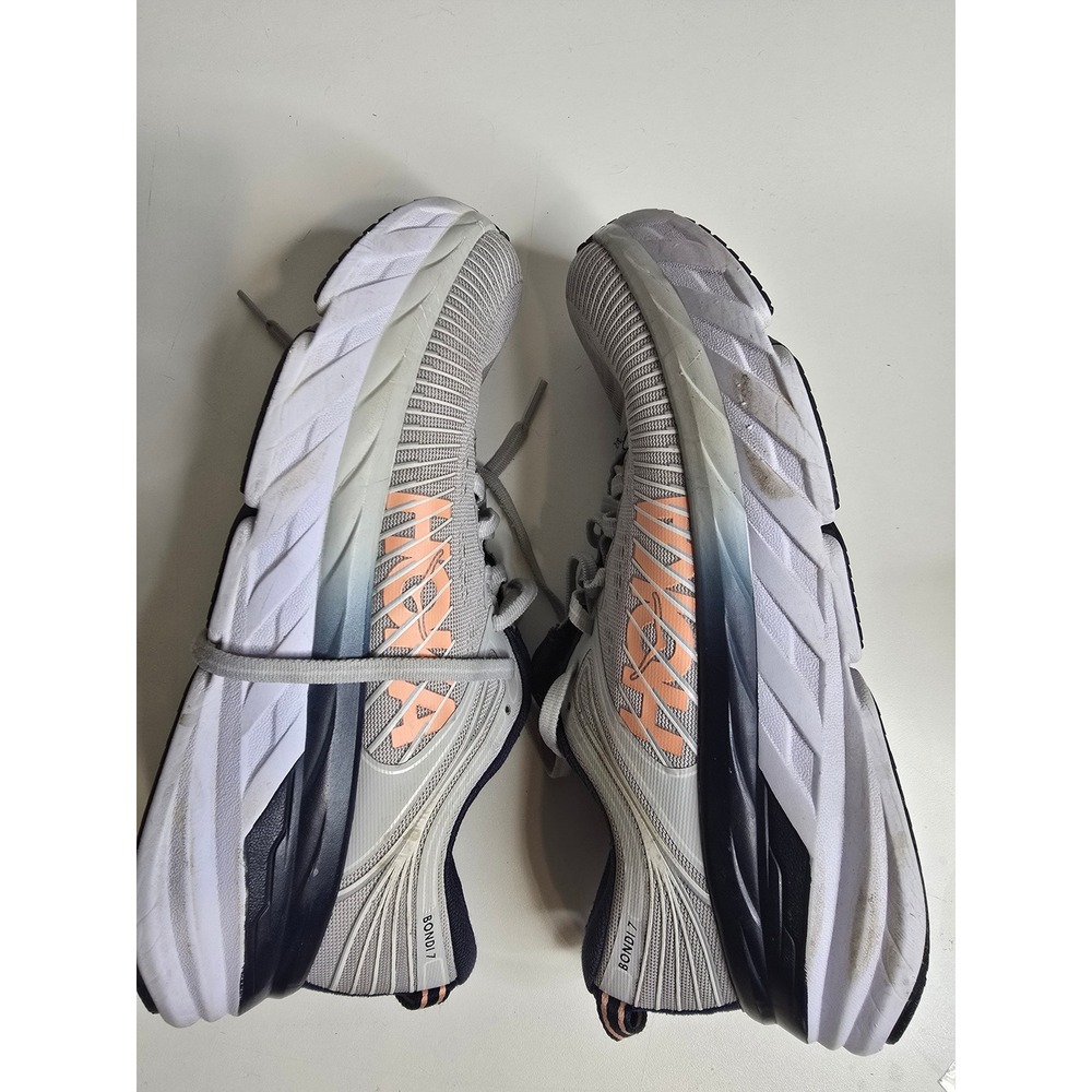 Hoka Bondi 7 Womens 6.5 Grey Navy Peach Running Shoes 1110519 LRBI